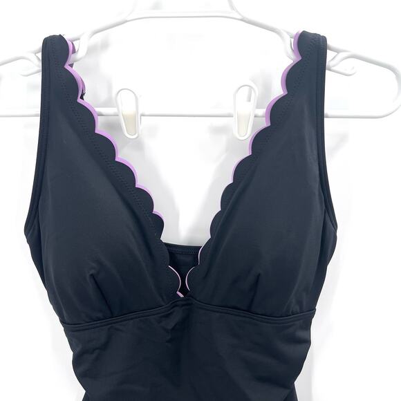 Kate Spade Black Scalloped Plunging One Piece Swim Suit Bathing Suit Large - Picture 3 of 9